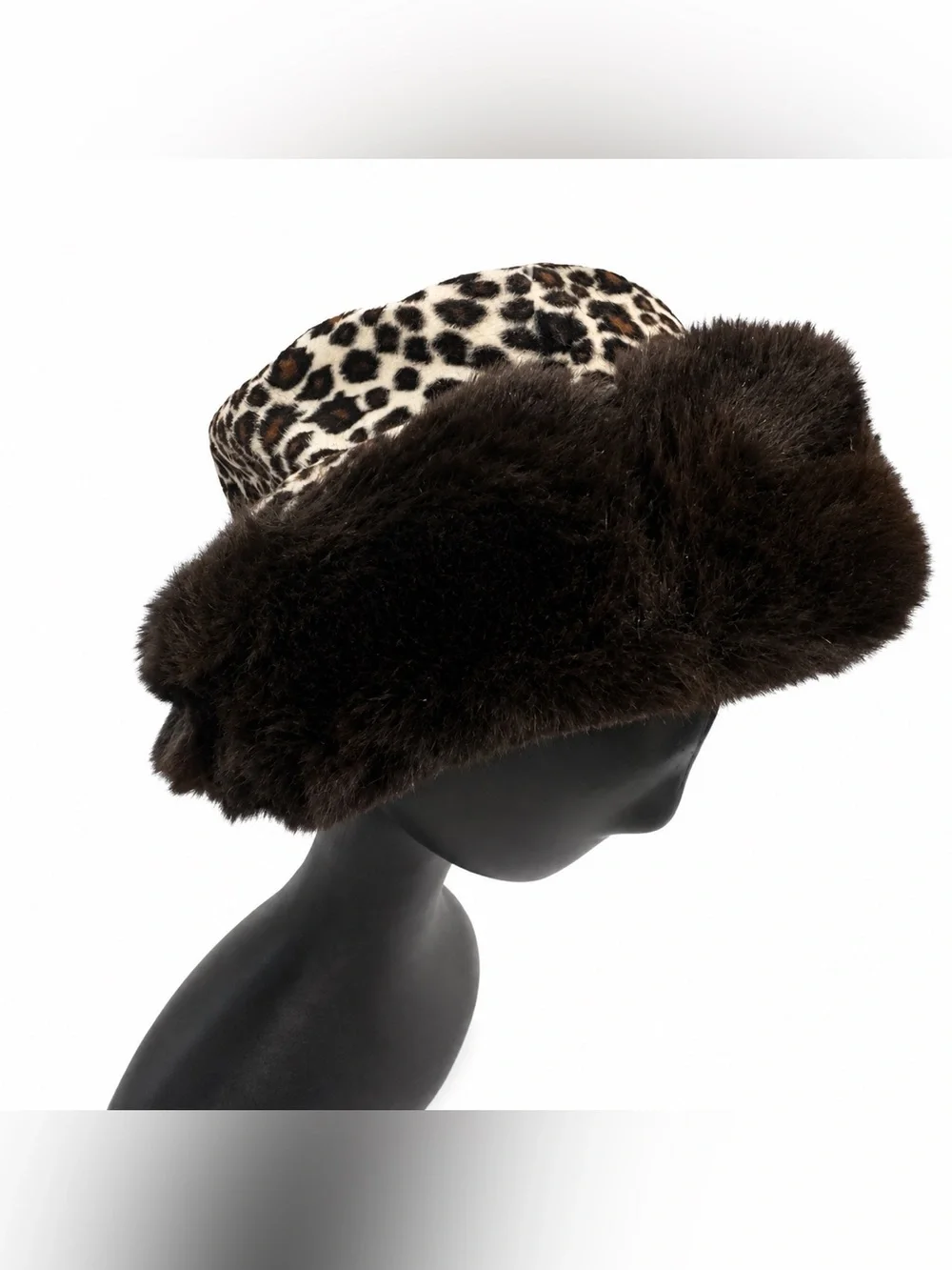 Vintage Brown & Leopard Faux Fur Bucket Hat